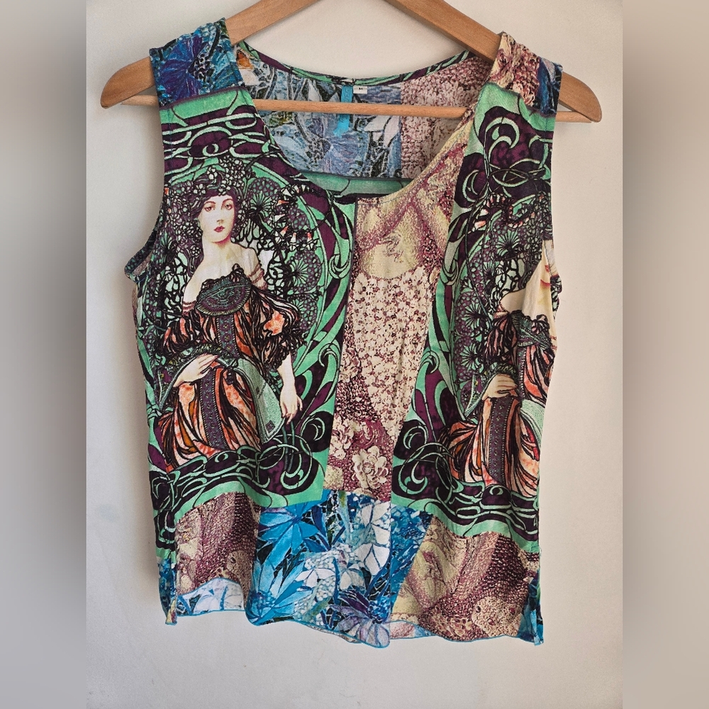 BLUE SKY Artistic Multicolor Sleeveless 💯 Rayon Top - Picture 2 of 9
